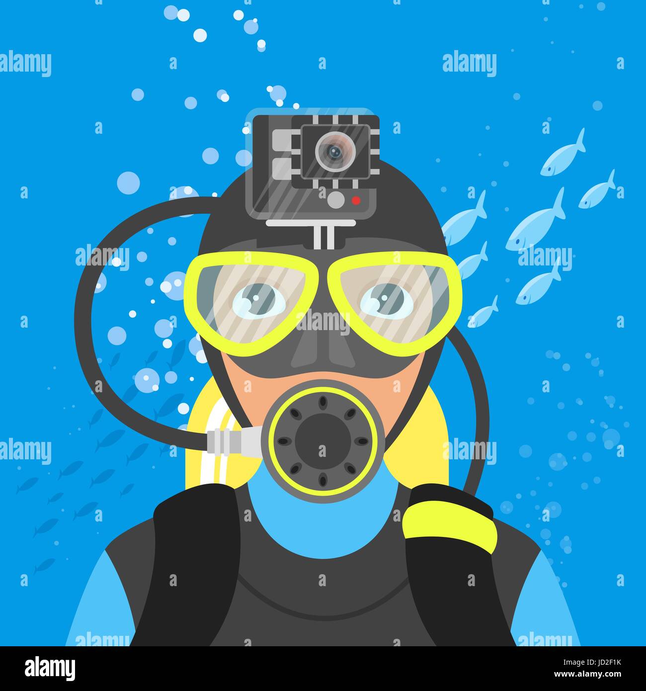 Vektor-Illustration der Skuba Diver video-Aufnahmen unter Wasser im Meer. Stock Vektor