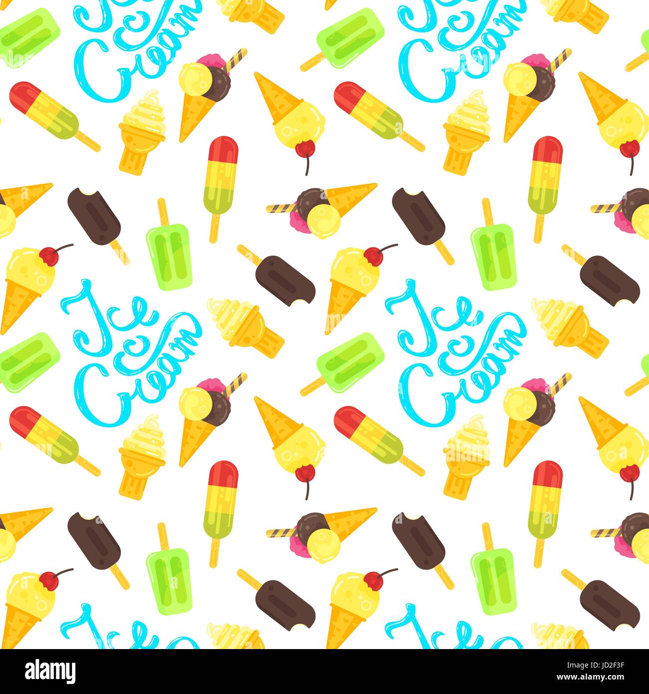 Vektor flachen Stil bunte nahtlose Muster mit verschiedenen Arten von Eis und Hand-Brief "Ice Cream". Weißen Hintergrund. Stock Vektor