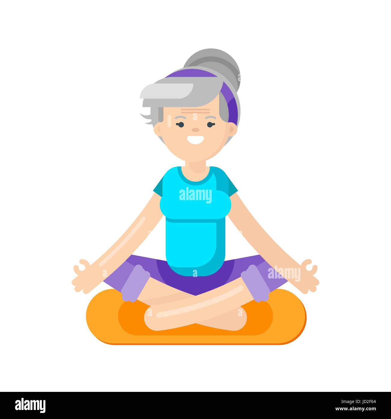Flache Vektorgrafik senior Frau Yoga zu tun. Großmutter im Lotussitz. Isoliert auf weißem Hintergrund. Gesunde Lebensweise. Stock Vektor