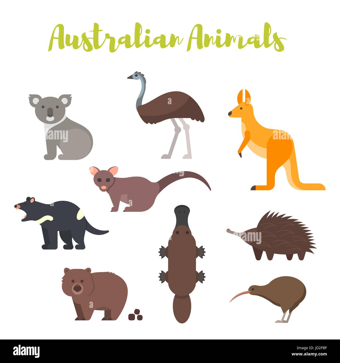 Vektor-flachen Stil-Set von australischen Tieren. Symbol für das Web. Isoliert auf weißem Hintergrund. Stock Vektor