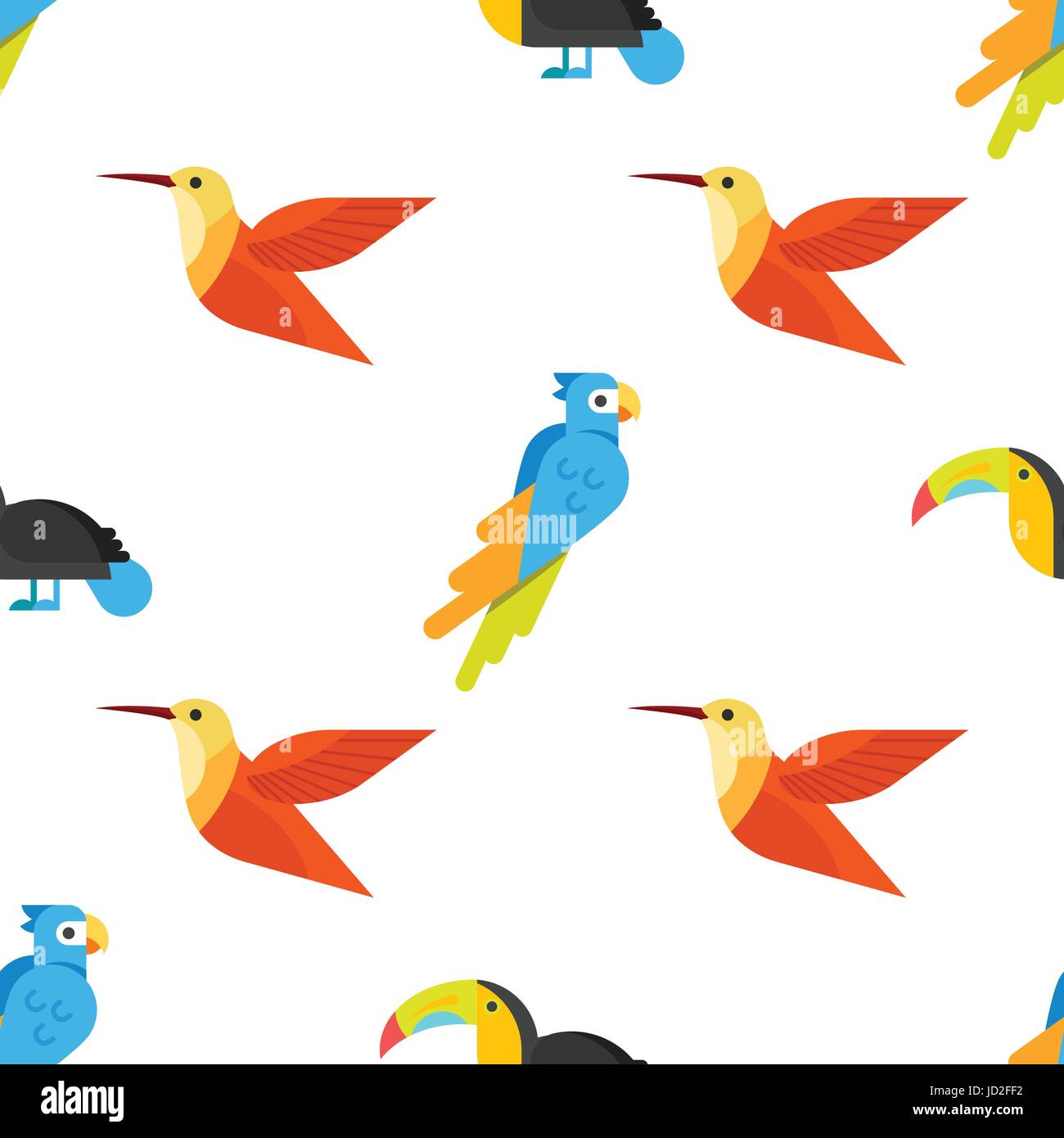Flache nahtlose Vektormuster mit Papageien. Symbol für das Web. Isoliert auf weißem Hintergrund. Stock Vektor