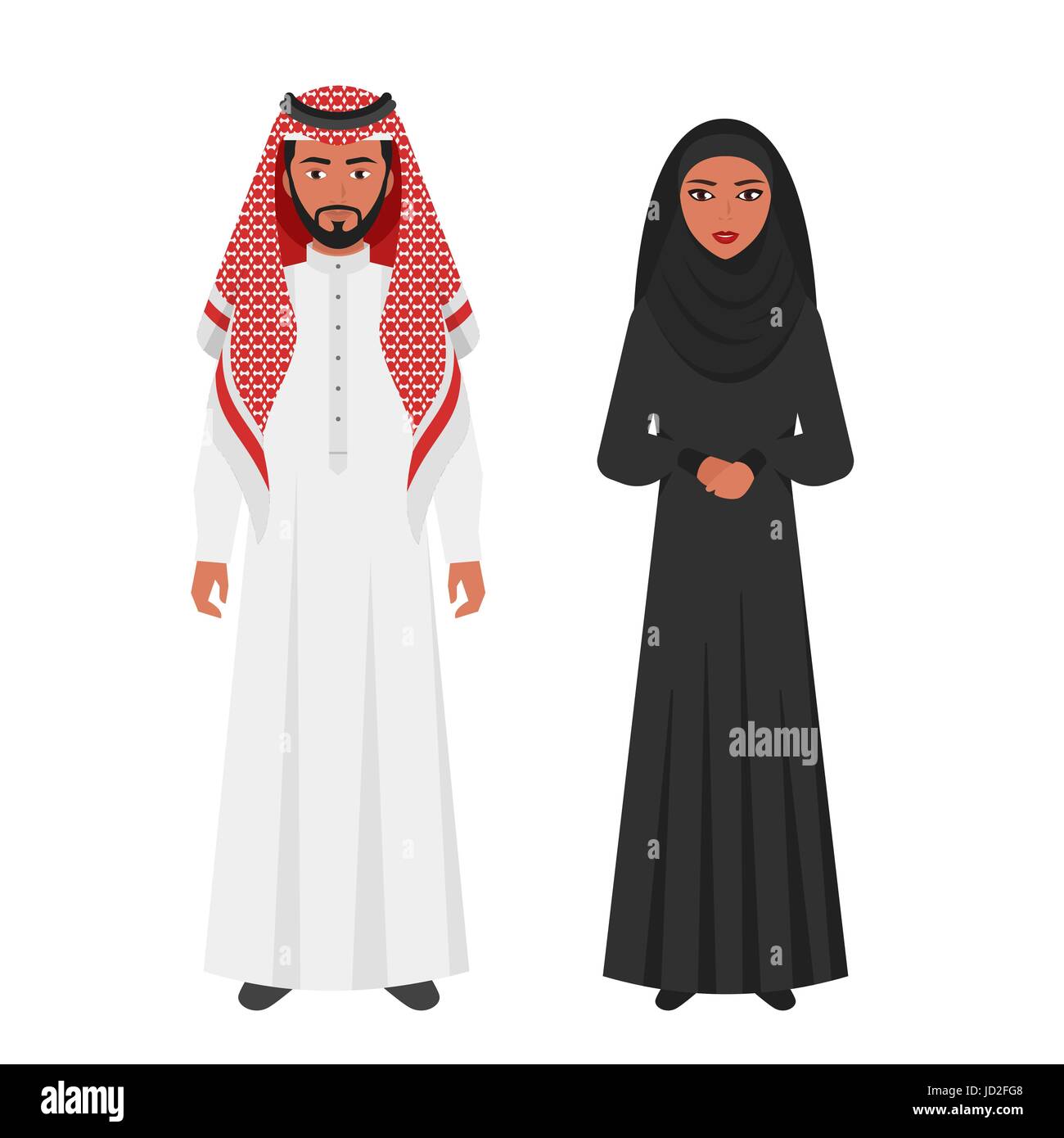 Vektorgrafik flachen Stil der muslimischen Arabisch traditionelle Kleidung. Junger Mann und Frau isoliert auf weißem Hintergrund. Symbol für das Web. Stock Vektor