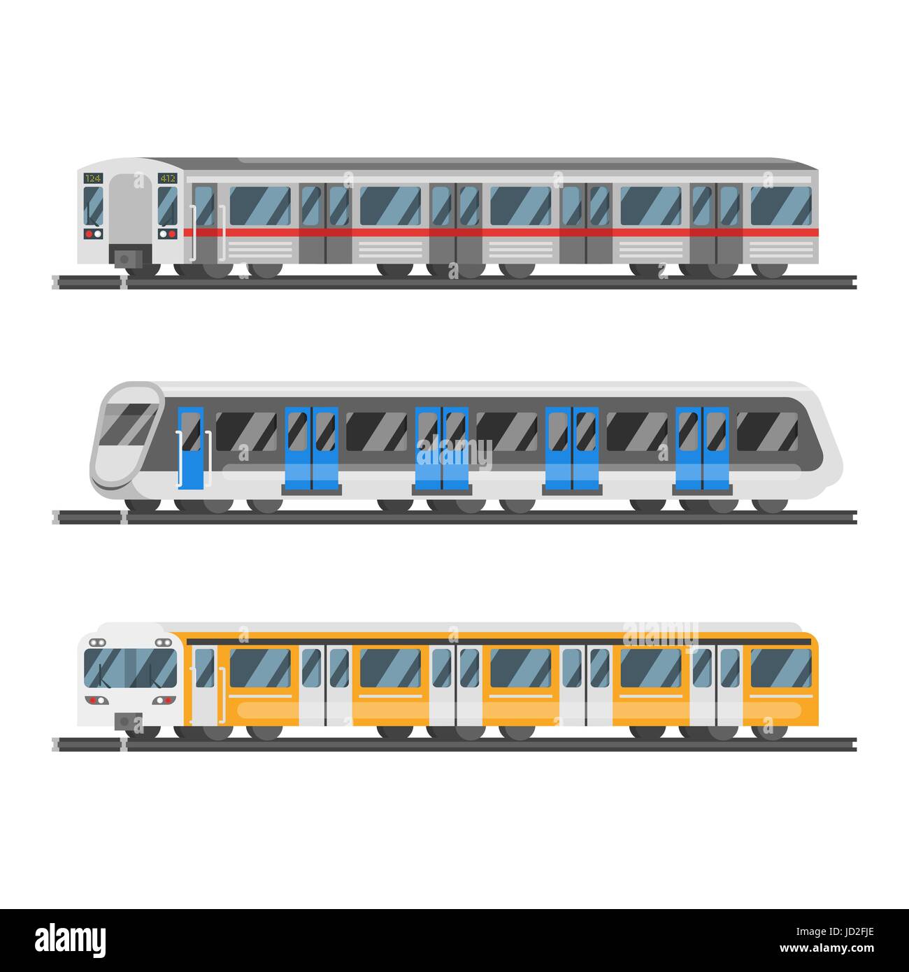 Vektor-flacher-Stil festlegen von u-Bahn-Zügen. Isoliert auf weißem Hintergrund. Stock Vektor