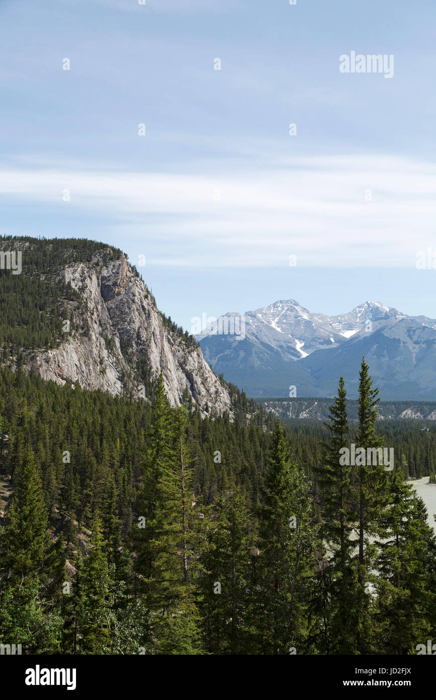 Wald- und Tunnel Mountain, gesehen vom Fairmont Hotel Banff Springs in Banff, Alberta, Kanada. Die Landschaft fällt im Banff National Park. Stockfoto