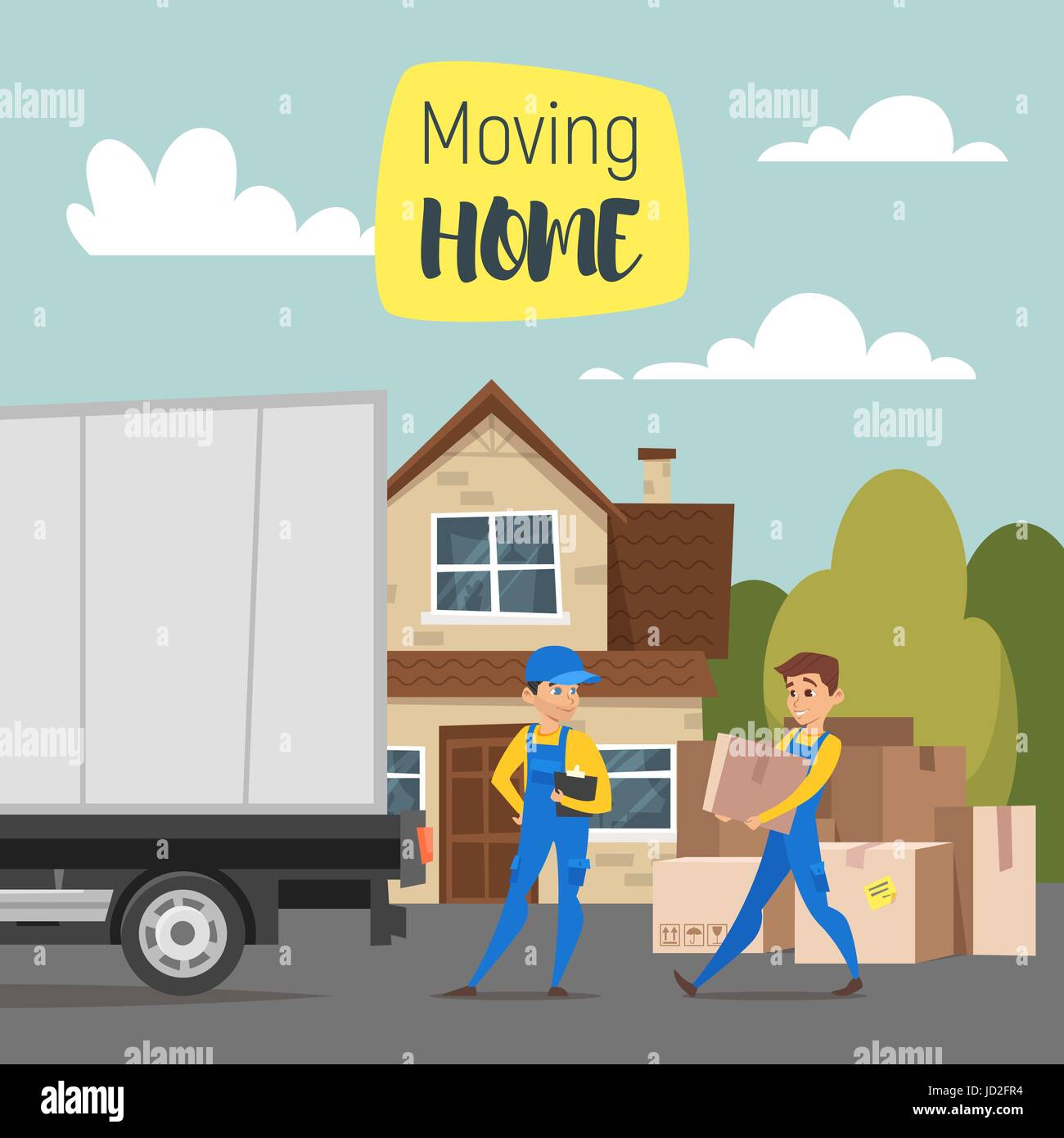 Vektorgrafik-Cartoon-Stil der Lader Mover Mann tragen Kartons. Haus, Pappschachteln und einem LKW. Konzept für das Haus zu bewegen. Stock Vektor