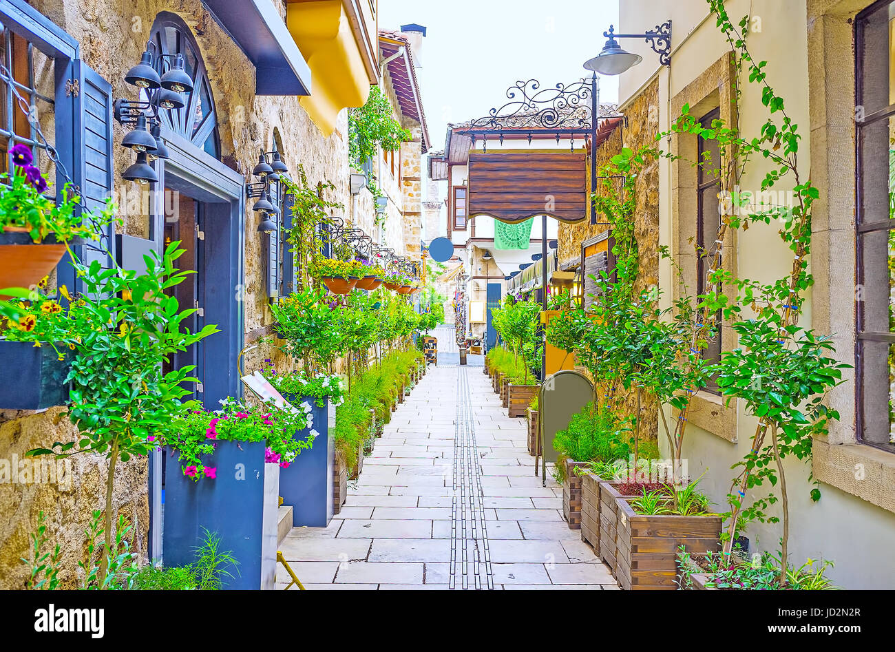 Kaleici - die Altstadt von Antalya ist reich verziert mit Bäumen, Pflanzen und Blumen in kleine Töpfe und große Badewannen, Türkei. Stockfoto