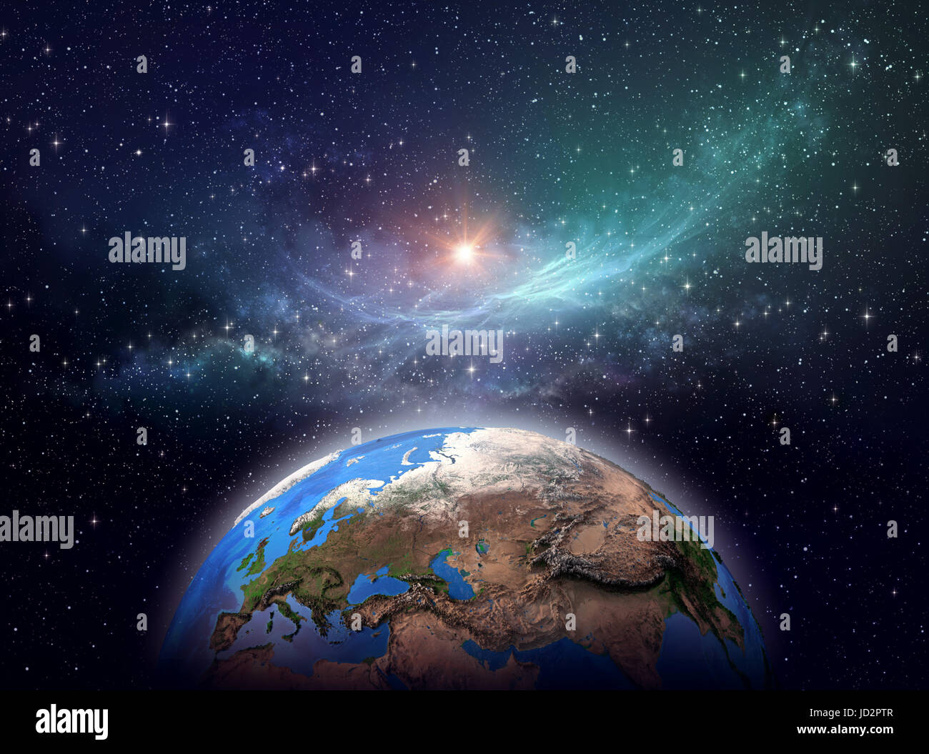 Planetenerde, Sternhaufen und Nebel im Weltraum, helles Licht scheinen weit hinter - Elemente dieses Bildes, eingerichtet von der NASA Stockfoto
