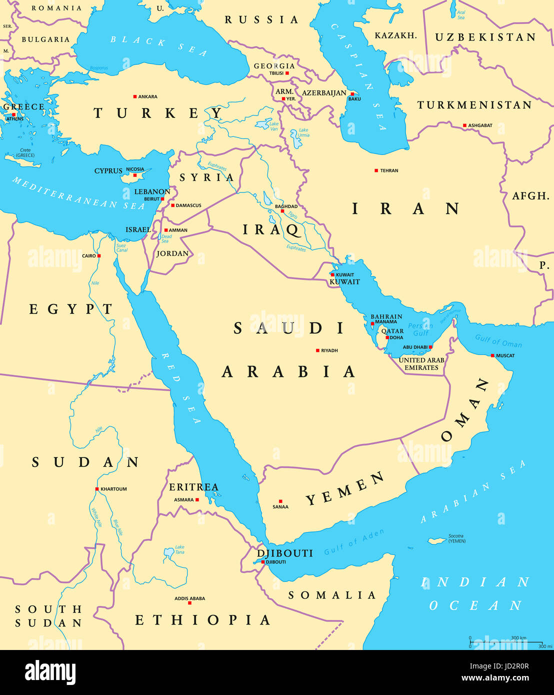 Nahen Osten politische Karte mit Hauptstädten und nationale Grenzen hinweg. Transkontinentale Region Westasien und Ägypten im Mittelpunkt. Auch aus dem Mittleren Osten. Stockfoto