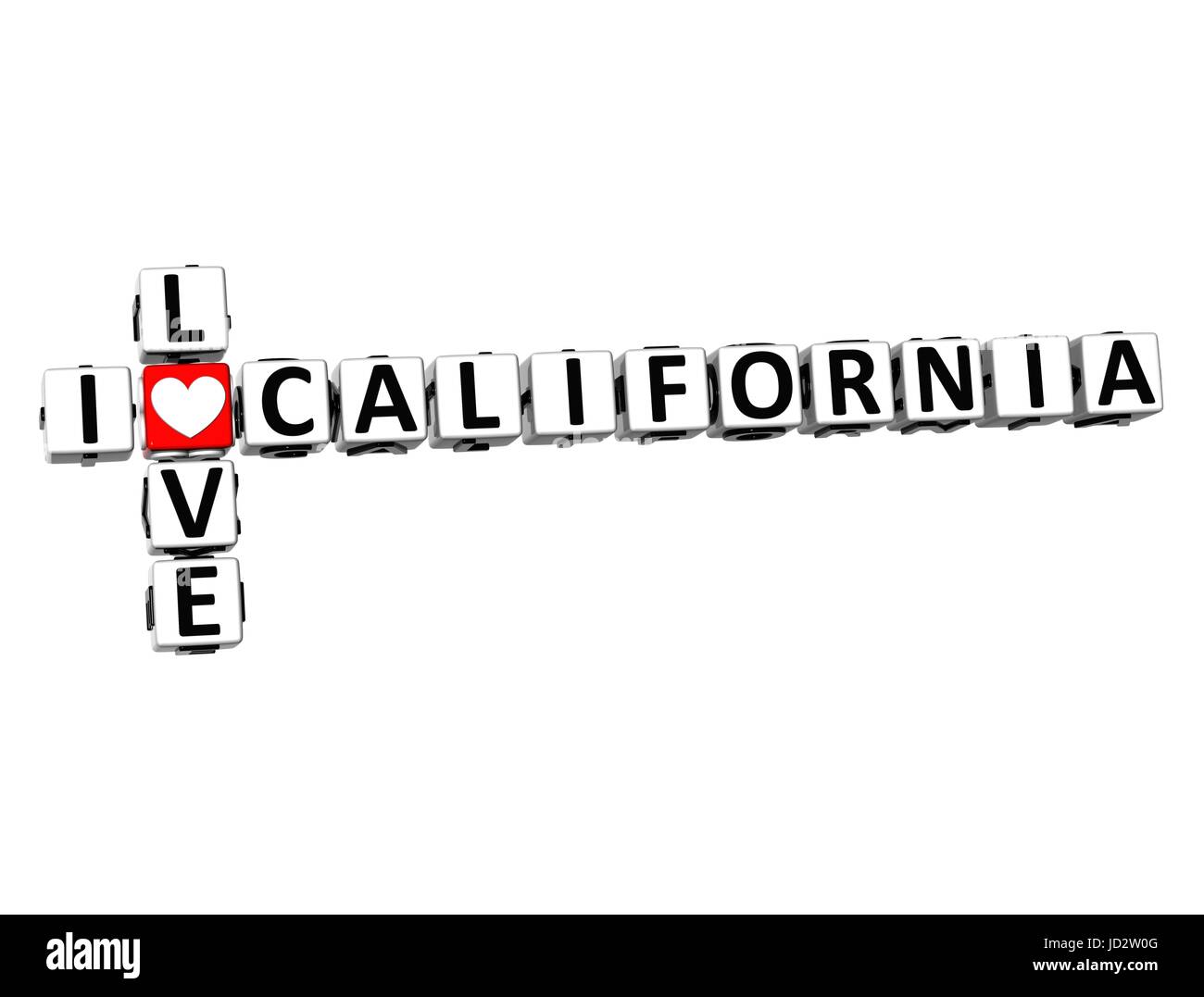 3D Kreuzworträtsel ich liebe California auf weißem Hintergrund Stockfoto