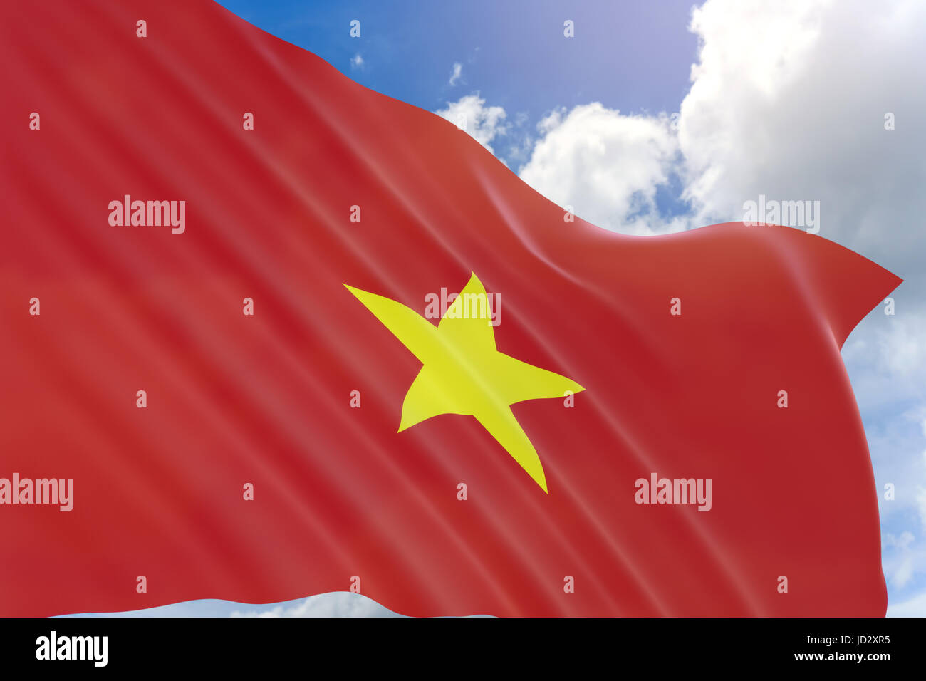 3D Rendering von Vietnam Fahnenschwingen auf blauen Himmelshintergrund, Vietnam offiziell der Sozialistischen Republik Vietnam ist eines der wenigen Länder in Süd-Ost A Stockfoto