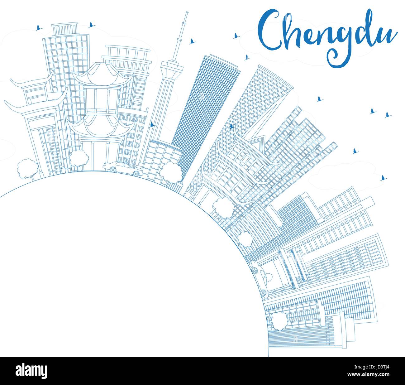 Umriss Chengdu mit blauen Gebäuden und textfreiraum Skyline. Vektor-Illustration. Geschäftsreisen und Tourismus-Konzept mit moderner Architektur. Stock Vektor