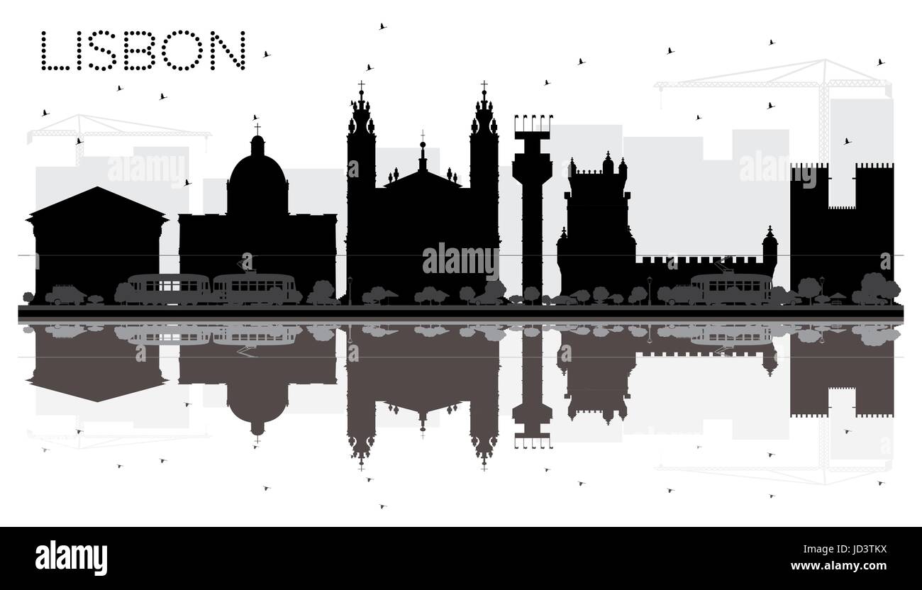 Lissabon City Skyline schwarze und weiße Silhouette mit Reflexionen. Vector Illustration. Stadtbild mit Sehenswürdigkeiten. Stock Vektor