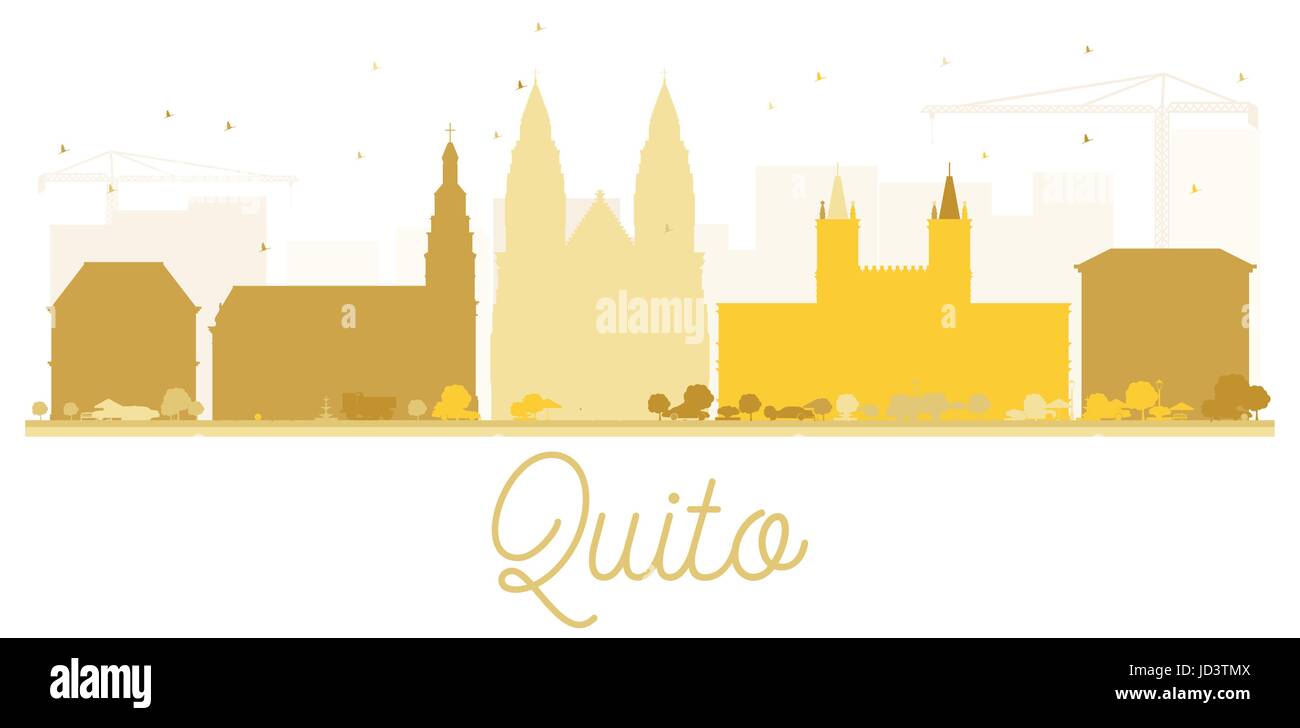 Quito City Skyline golden Silhouette. einfache flache Illustration für Tourismus Präsentation, Banner, Plakat oder Website. Stadtbild mit Sehenswürdigkeiten. Stock Vektor