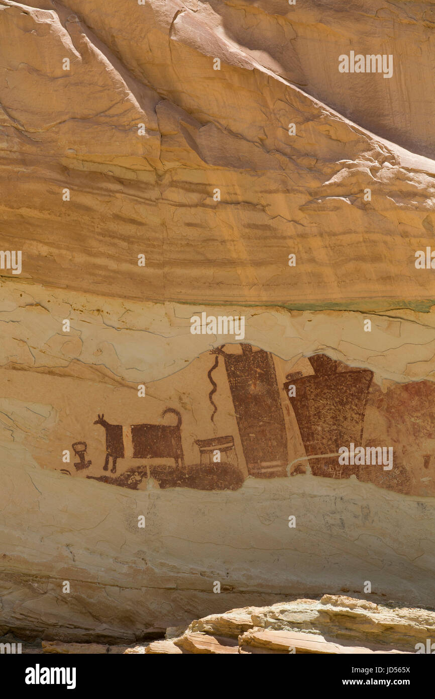 Temple Mountain Wash Piktogramm Panel, in der Nähe von Goblin State Park, Utah, USA Stockfoto