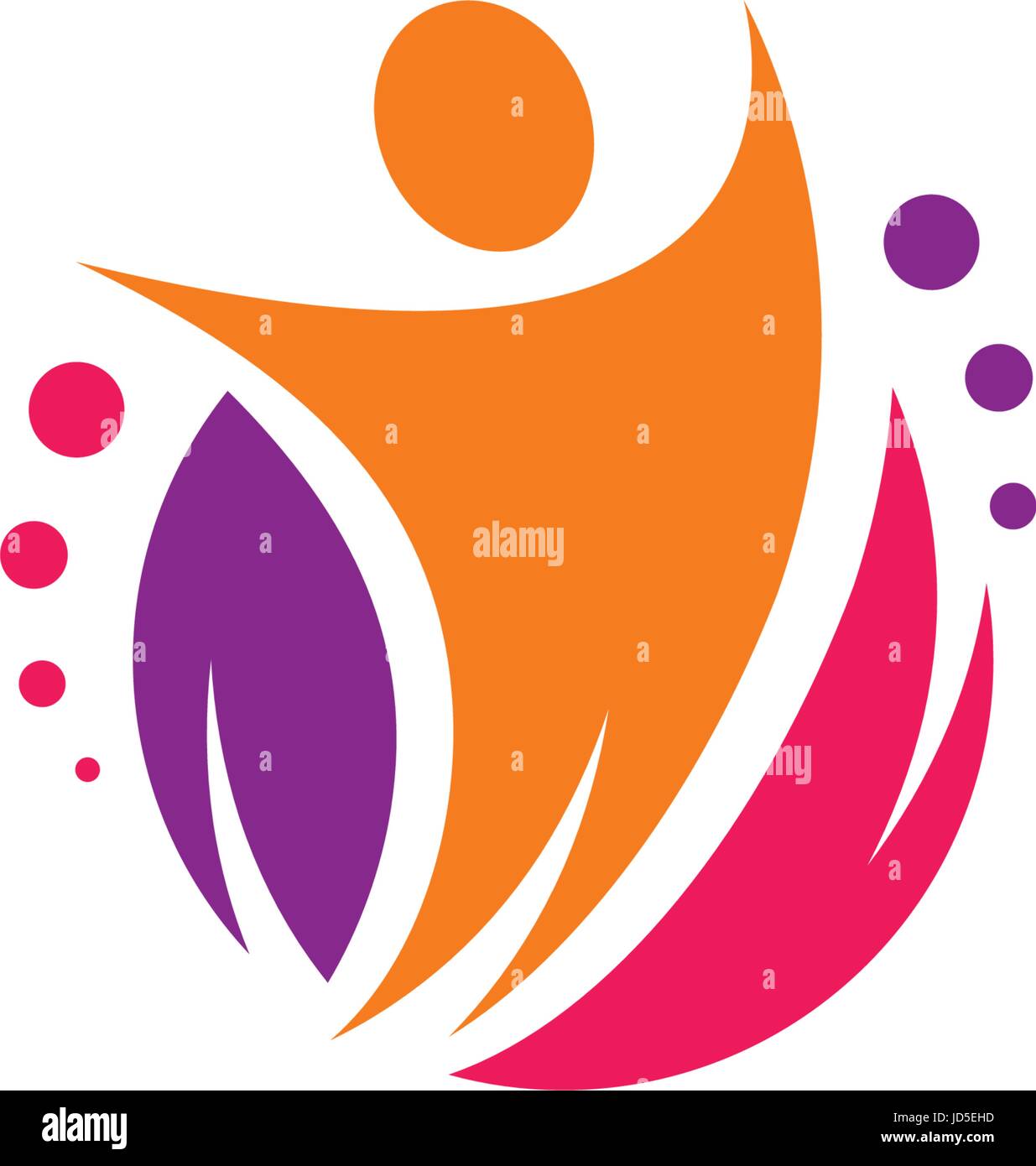 Dynamische festliche Vektor-Logo. Bunte abstrakte Form mit einem Volk, Blatt- und Kreise. Fröhlich und unterhaltsam Illustration mit dem Bild eines Führers Stock Vektor