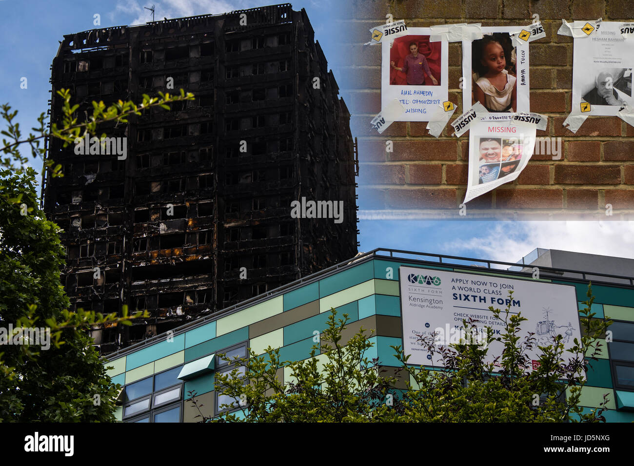 LONDON, UK - 16. Juni 2017 Grenfell Turm nach Brand mit Kensington Aldridge Academy und vermissten Personen Stockfoto