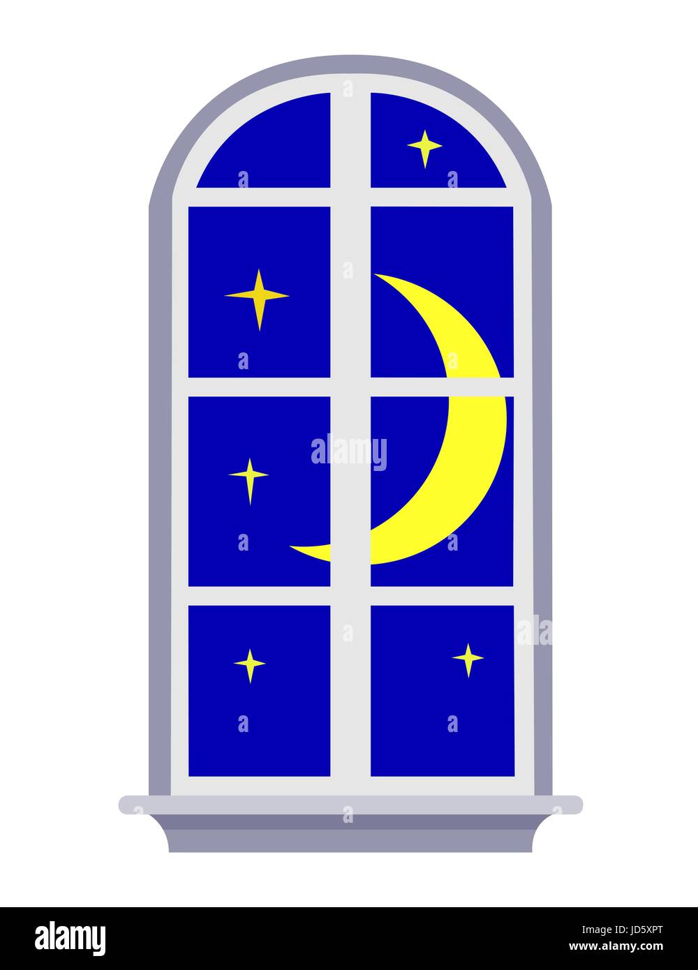 Vektor-Bild eines Nacht-Fensters der blaue Himmel mit Mond und Sternen, isoliert auf weiss Stock Vektor