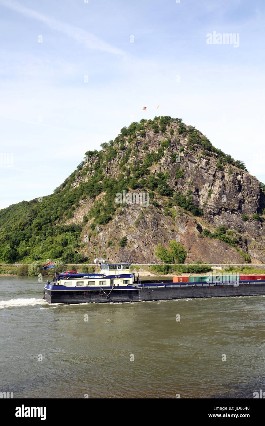 Loreley-Felsen steht entlang des Rheins in das Mittelrheintal. Eine UNESCO-World Heritage Site.Lorelei in englischer Sprache Stockfoto