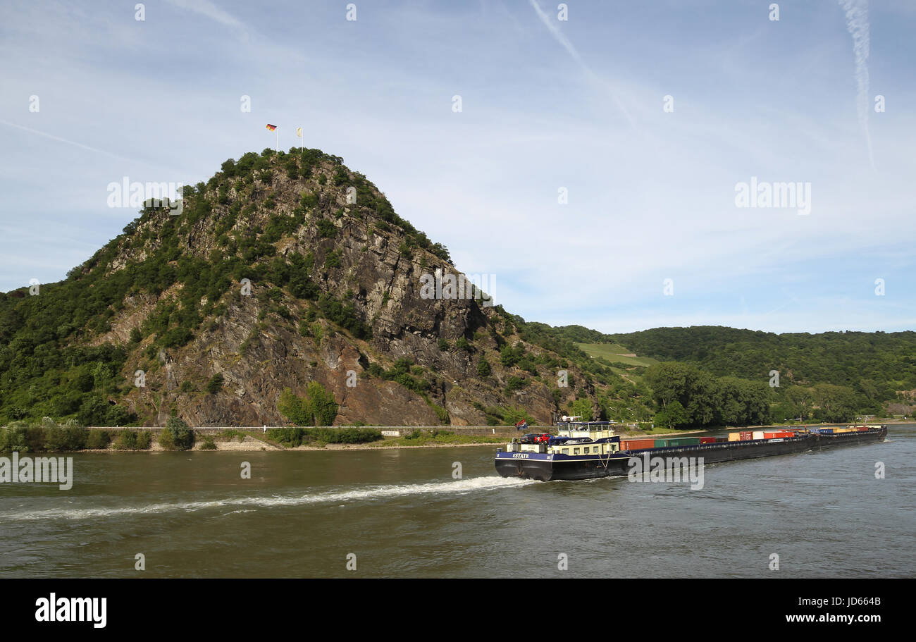 Loreley-Felsen steht entlang des Rheins in das Mittelrheintal. Eine UNESCO-World Heritage Site.Lorelei in englischer Sprache Stockfoto