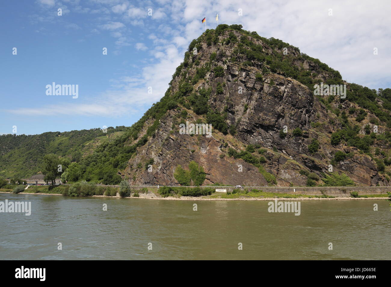 Loreley-Felsen steht entlang des Rheins in das Mittelrheintal. Eine UNESCO-World Heritage Site.Lorelei in englischer Sprache Stockfoto