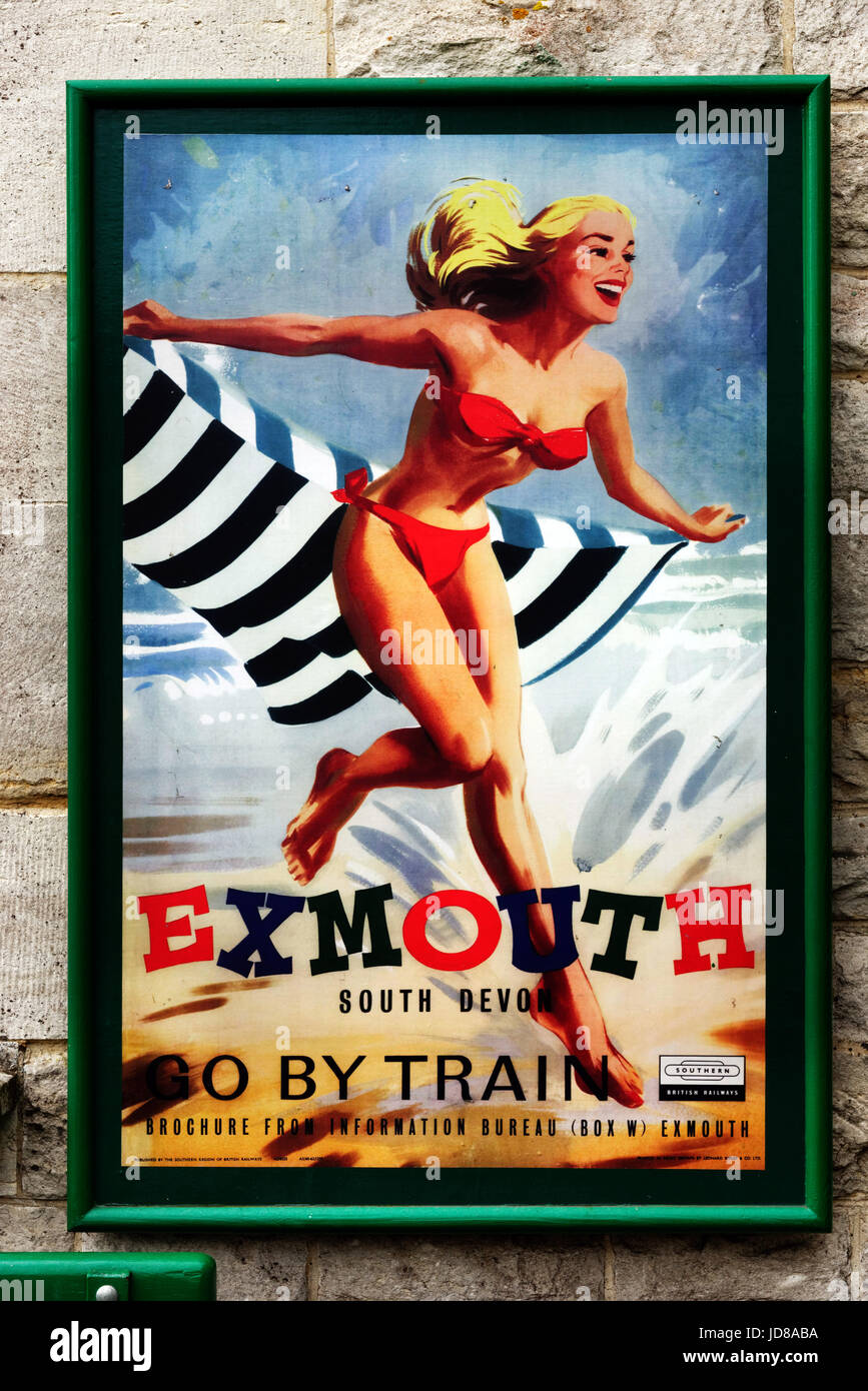 Alte 50er Jahre Stil British Railways Poster für Exmouth auf der Swanage Steam Railway Stockfoto