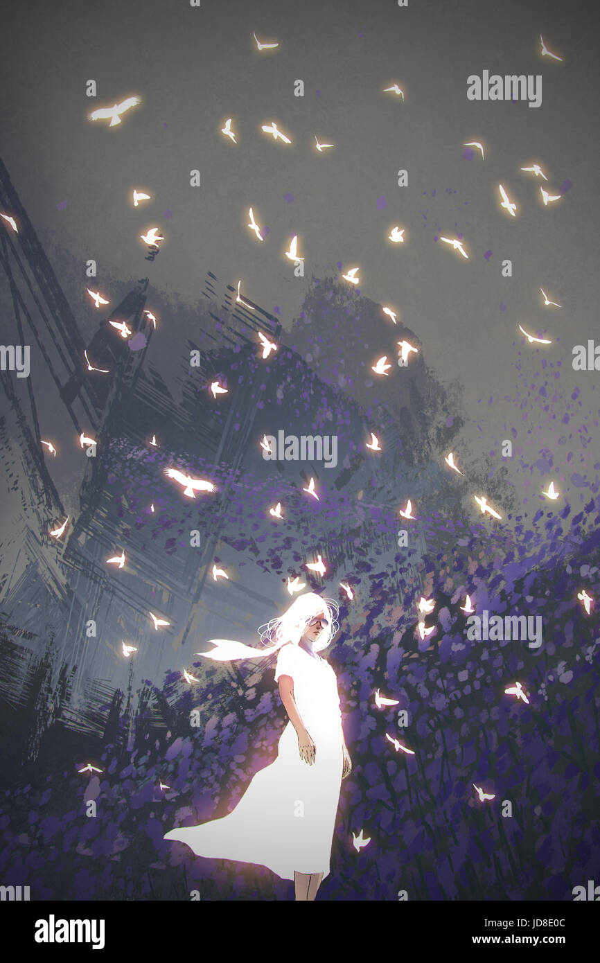 Frau in leuchtenden weißen Kleid unter Vögel mit digitaler Kunststil, Illustration, Malerei Stockfoto