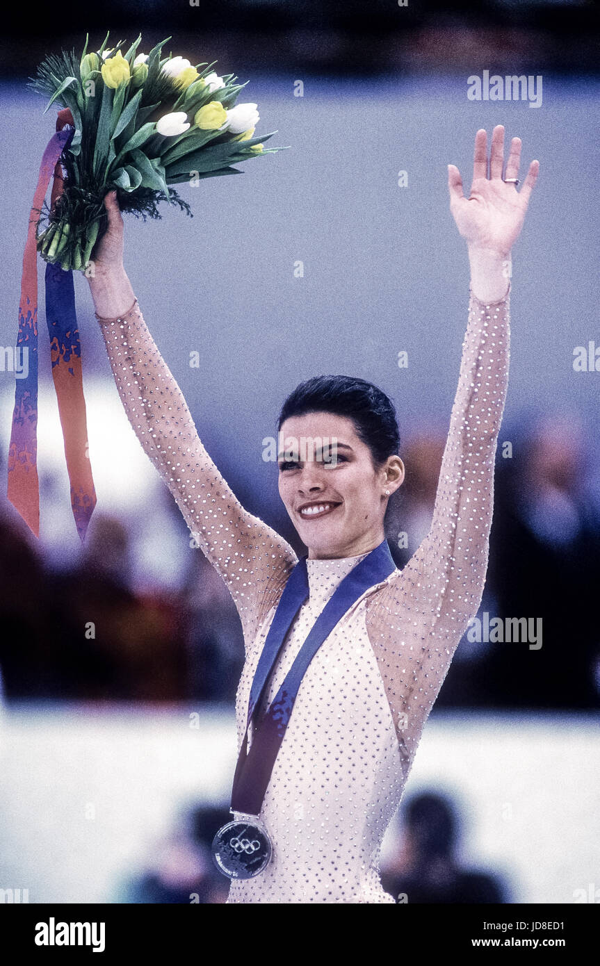 Nancy Kerrigan (USA), Silbermedaillen-Gewinner im Wettbewerb bei den Olympischen Winterspielen 1994 Stockfoto