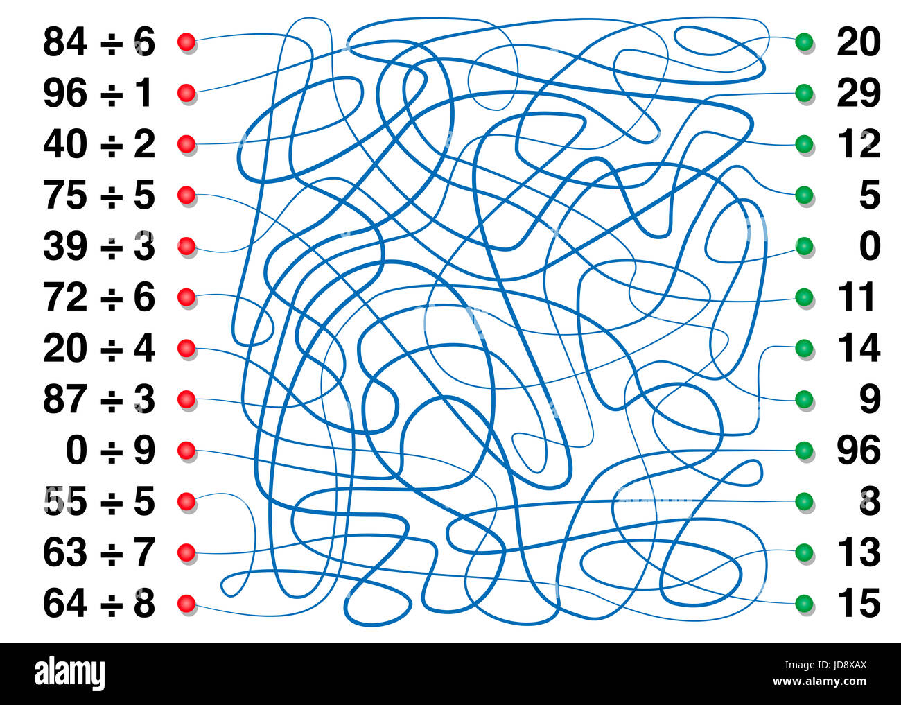 Lernen, teilen mit diesem spielerischen Labyrinth - die Linien verbinden Dividende und Divisor mit der richtigen Quotient. Stockfoto