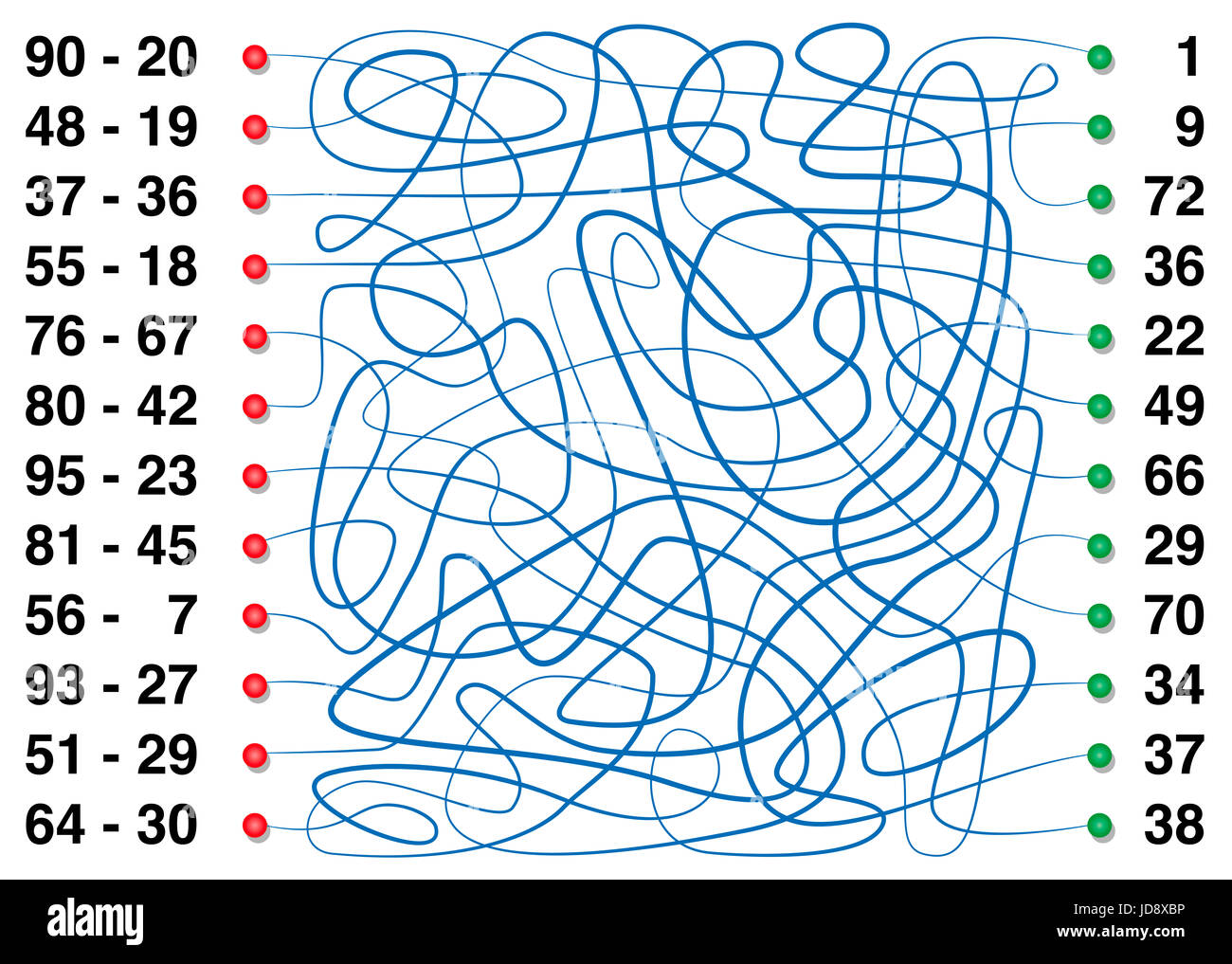 Subtraktionen mit Labyrinth-Spiel üben - folgen die Linien von Minuend und Subtrahend auf die entsprechende Differenz - spielerisches Lernen von Mathematik. Stockfoto