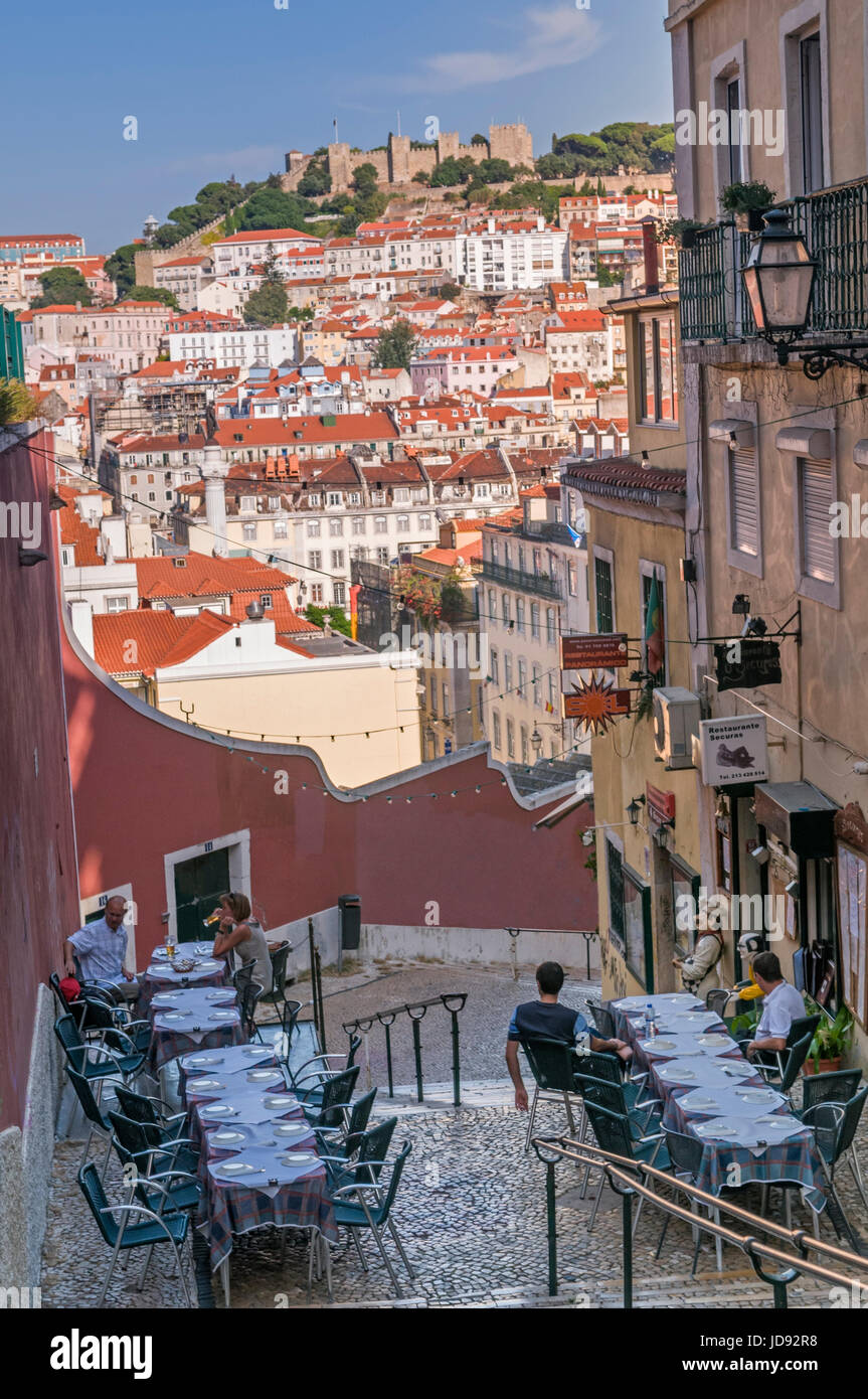 Restaurant und City Blick auf Burg Lissabon Portugal Stockfoto