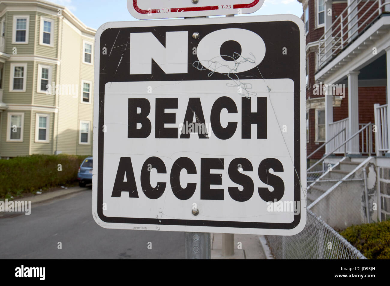 kein Strand Zugang Roadsign im Wohngebiet Dorchester Boston USA Stockfoto