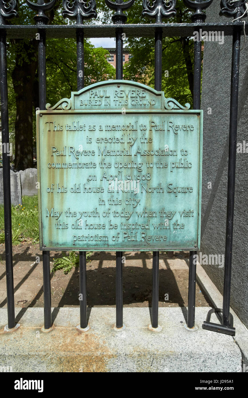 Zeichen markieren von Paul Revere begraben in Granary burying Ground Boston USA Stockfoto