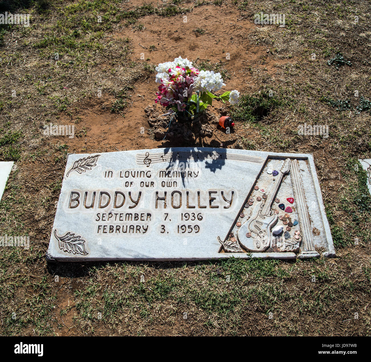 Geborene Charles Hardin Holley er wurde berühmt als Boddy Holly, aber seine wirkliche Grabstein trägt seinen wahren Namen Holley Stockfoto