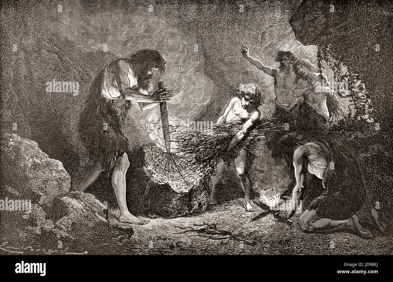 Steinzeit-Mann entdeckt Feuer.  L ' Homme Primitif veröffentlichte 1870. Stockfoto