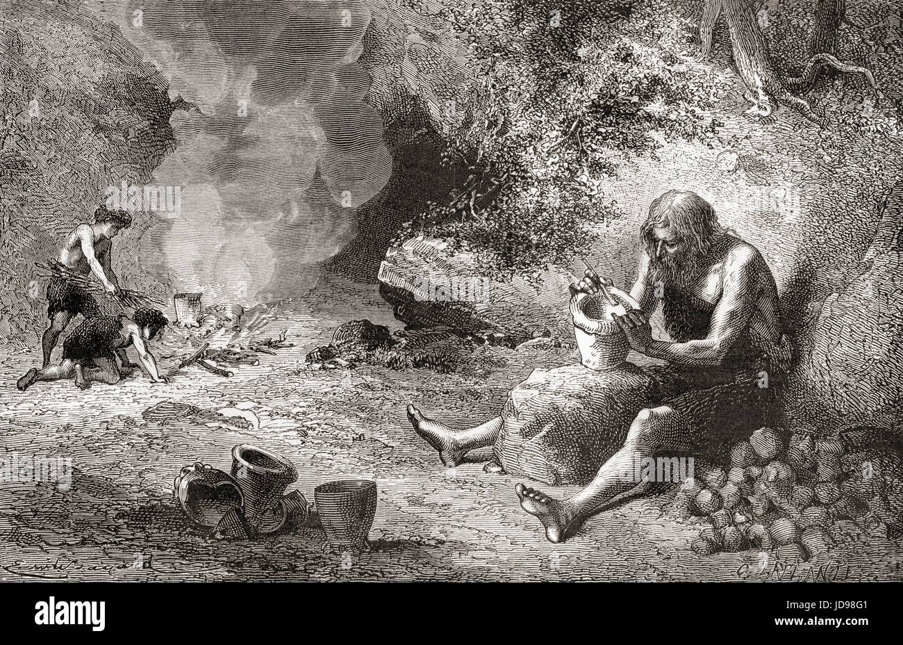 Ein Töpfer bei der Arbeit während der Steinzeit, Jungsteinzeit oder Alter aus poliertem Stein. L ' Homme Primitif veröffentlichte 1870. Stockfoto