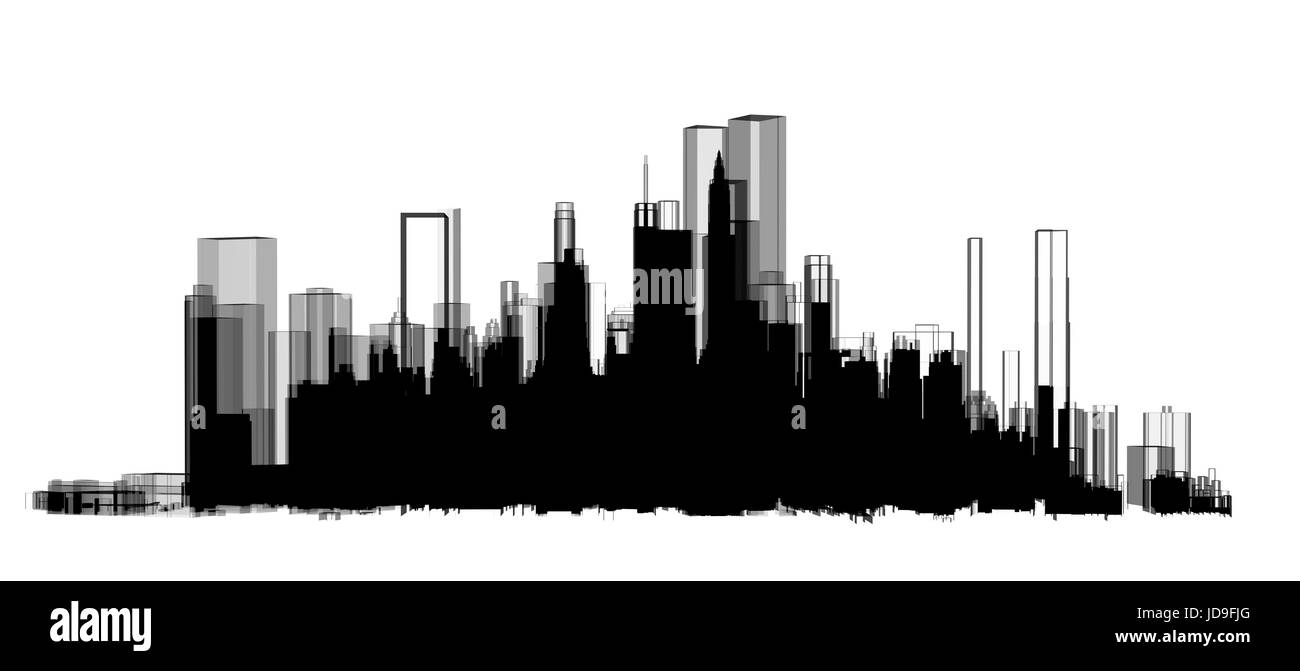 Panorama schwarze Stadt Wolkenkratzer Wolkenkratzer 3D-Illustration mit weißem Hintergrund. Stockfoto