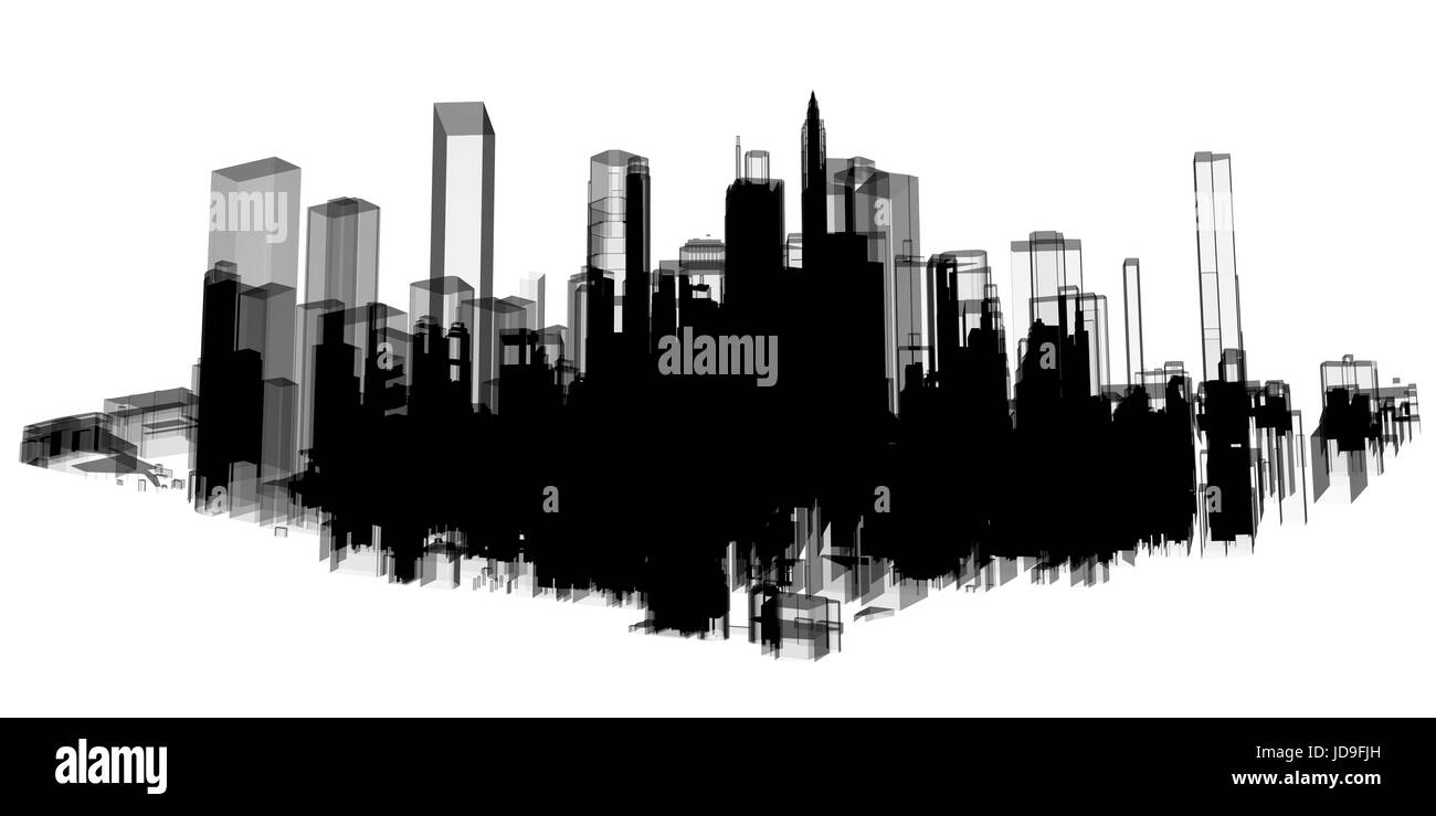 Panorama schwarze Stadt Wolkenkratzer Wolkenkratzer 3D-Illustration mit weißem Hintergrund. Stockfoto