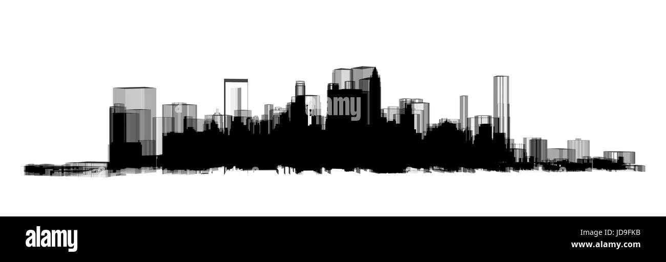 Smart City-Konzept. Panorama schwarze Stadt Wolkenkratzer Wolkenkratzer 3D-Illustration mit weißem Hintergrund. Stockfoto