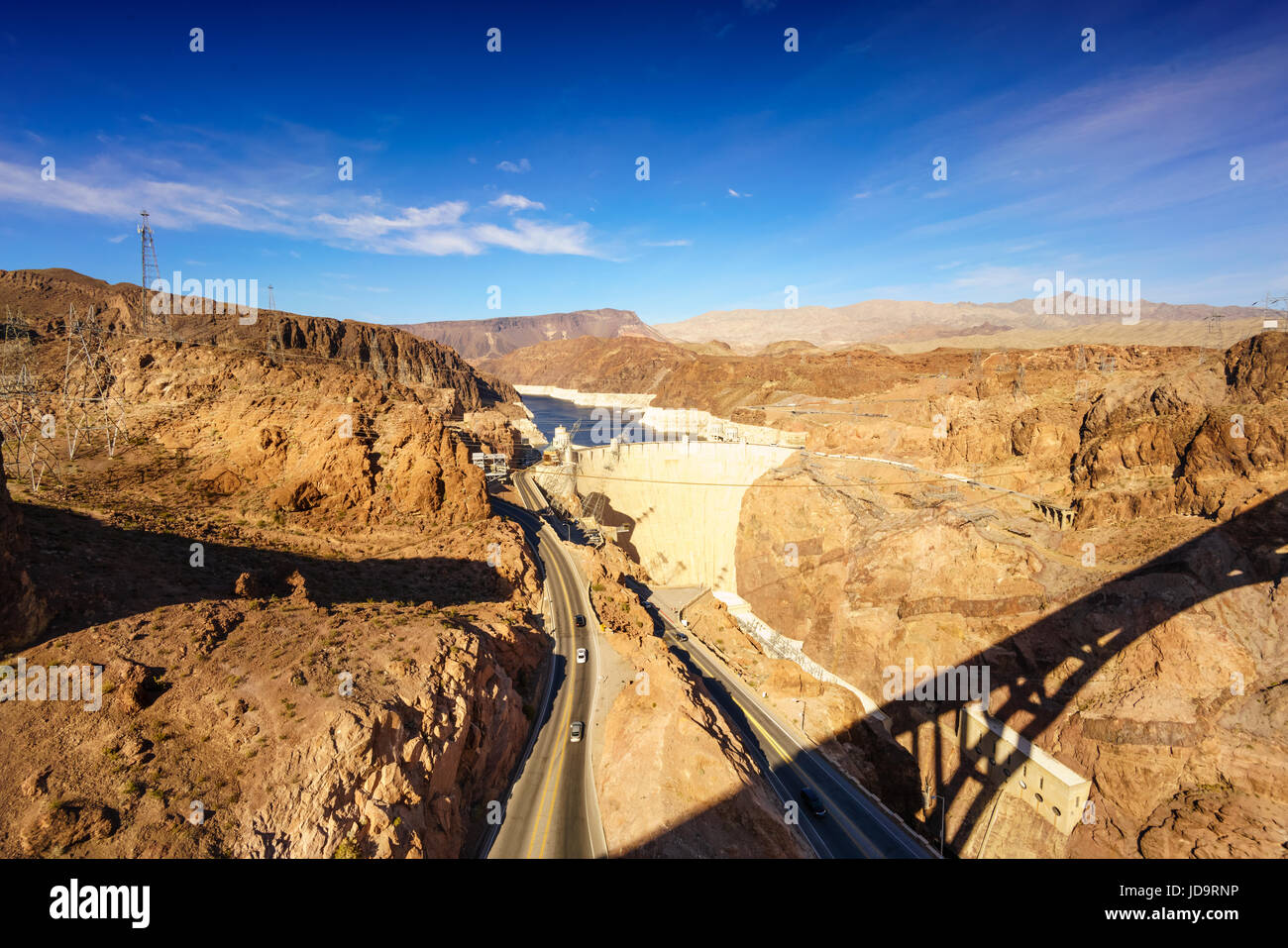 Zerklüftete Landschaft rund um den Hoover-Staudamm am Fluss Colorado, USA. Stockfoto