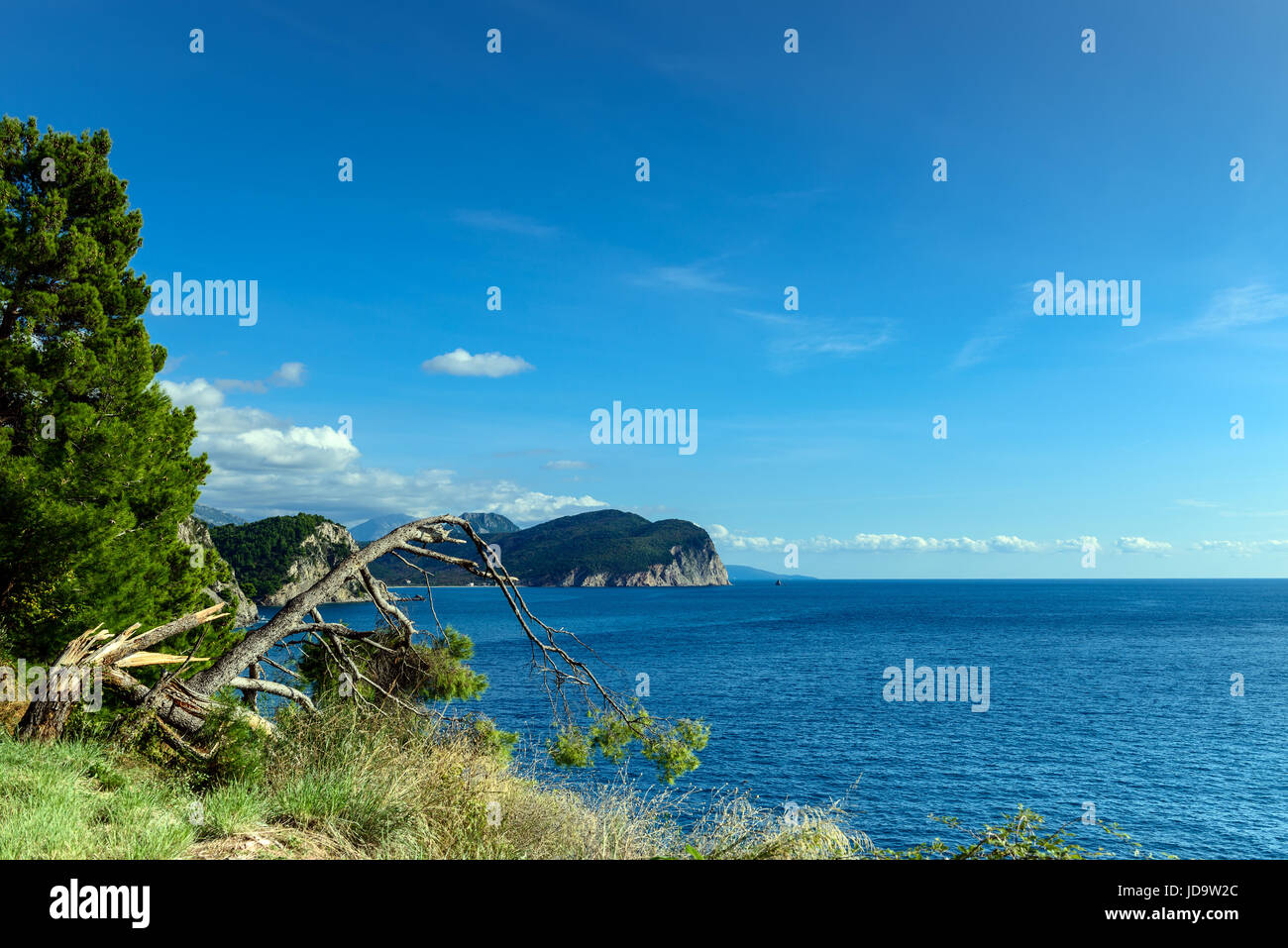 Panorama-Landschaft in Montenegro. Fantastische Aussicht der Stadt Petrovac Bucht. Balkan, Adria, Europa Stockfoto