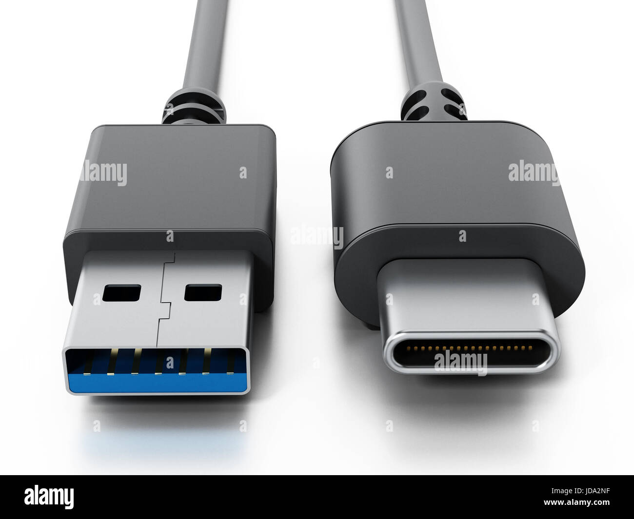 USB Typ C und USB 3.0 Kabel isoliert auf weißem Hintergrund formatieren. 3D Illustration. Stockfoto