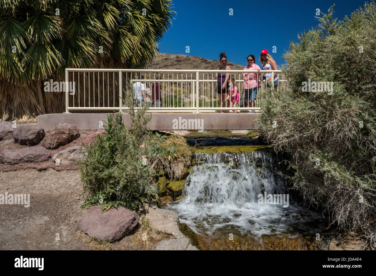 Besucher am kleinen Wasserfall bei Rogers Frühling, geothermische Thermalquelle Oasis, Northshore Road, Lake Mead National Recreation Area, Nevada, USA Stockfoto