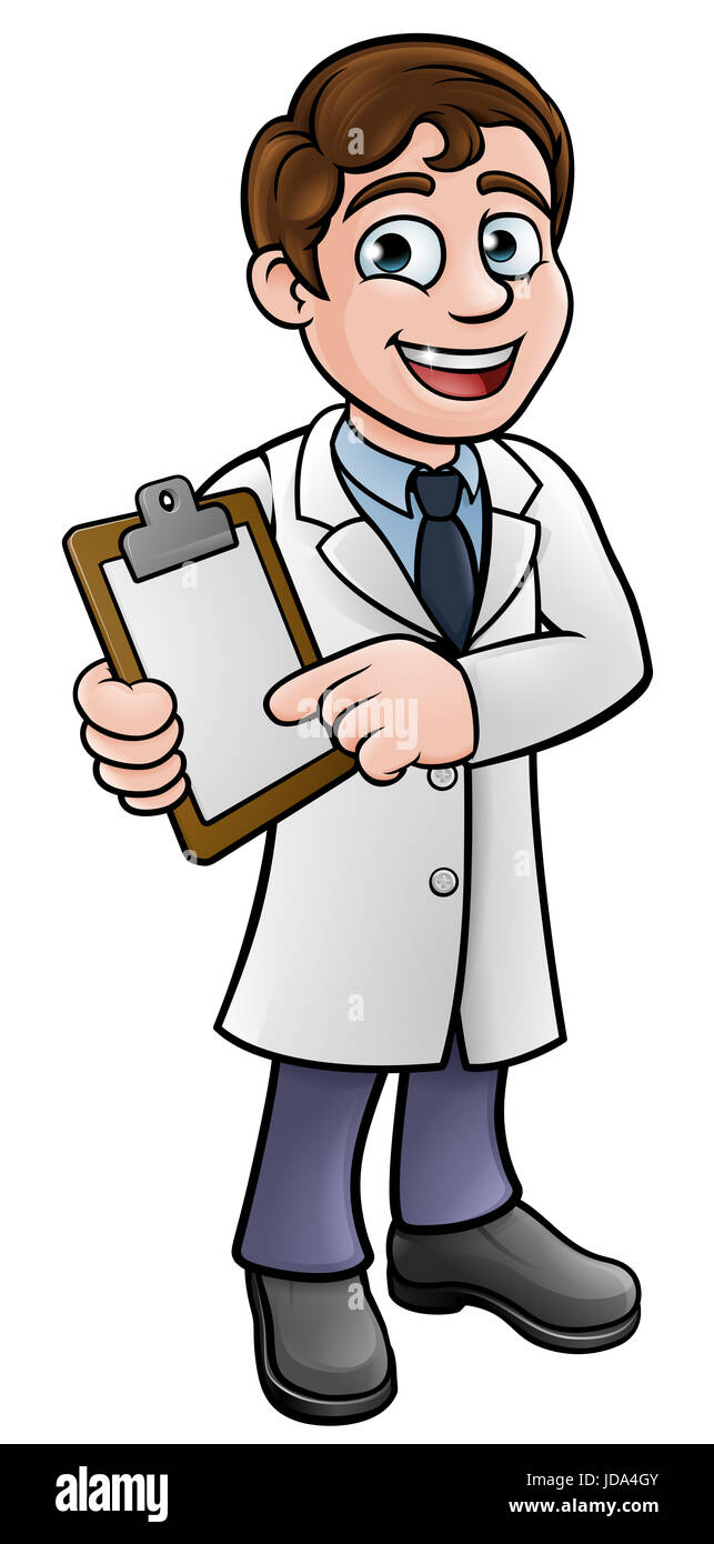 Ein Cartoon Wissenschaftler Professor tragen weiße Laborkittel hält ein Klemmbrett und darauf zeigen Stockfoto