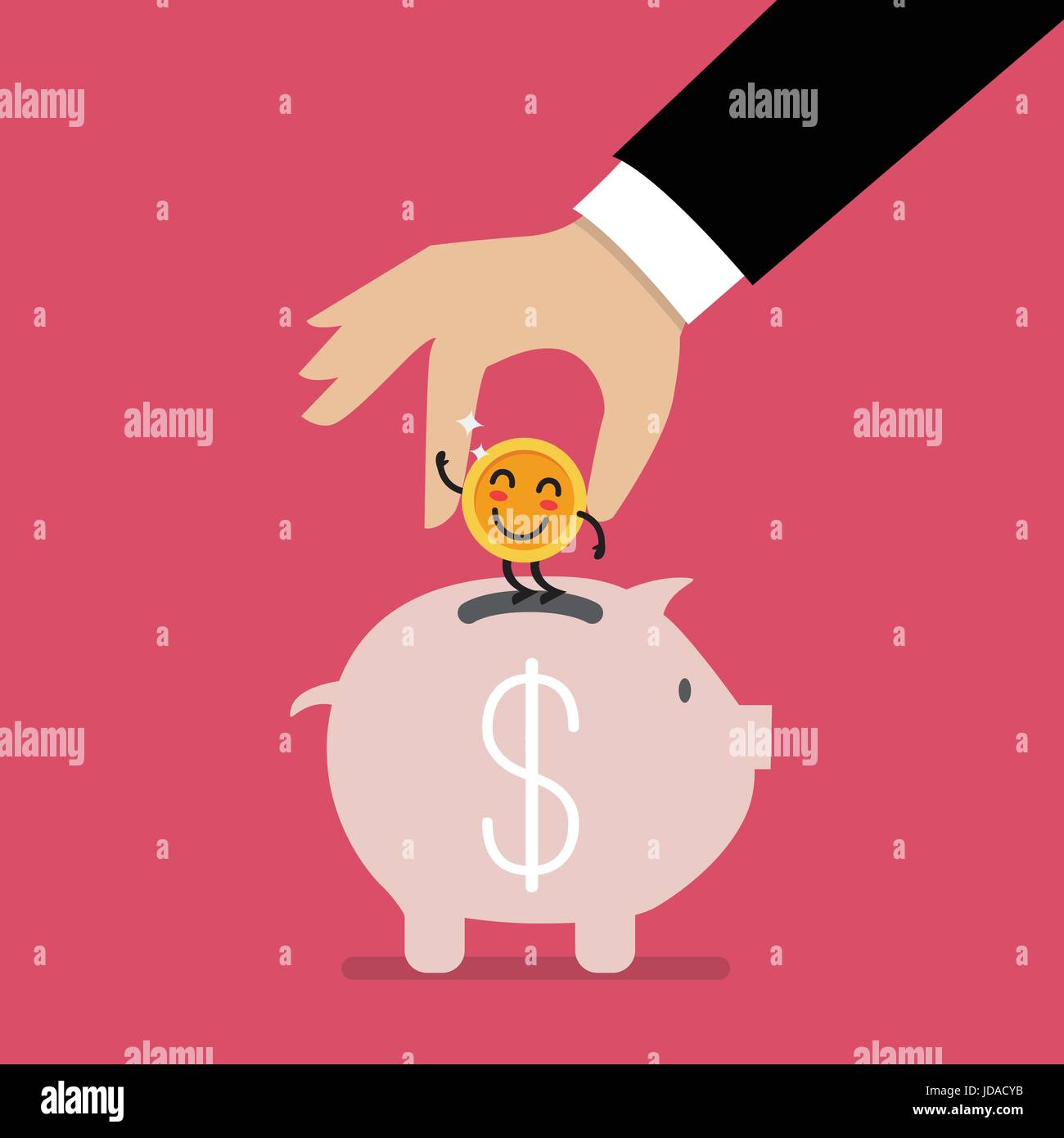 Hand glücklich Münze ins Sparschwein stecken. Lustige Comic-emoticons Stock Vektor