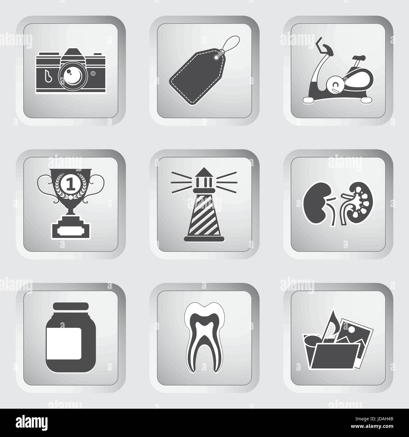 Symbole auf den Tasten für Webdesign und Mobile Anwendungen setzen 9. Vektor-Illustration. Stock Vektor