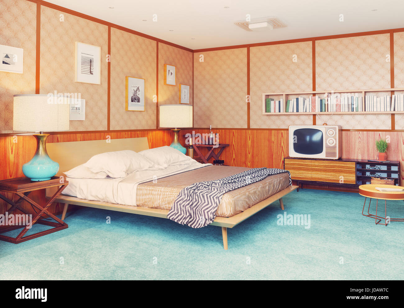 schöne Vintage Schlafzimmer Innenraum. Holzwände Konzept. 3D-Rendering Stockfoto
