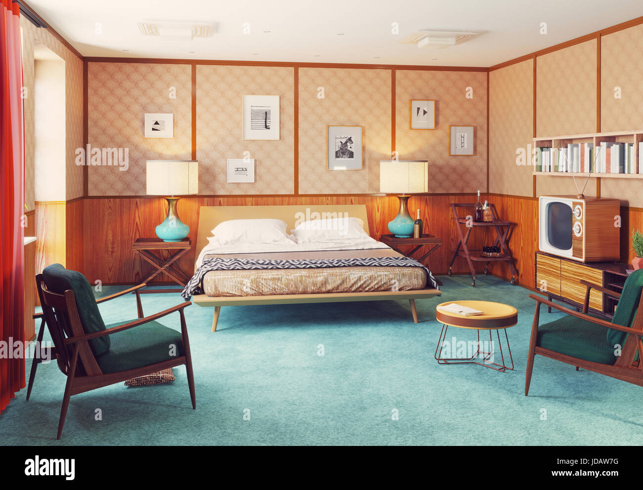 schöne Vintage Schlafzimmer Innenraum. Holzwände Konzept. 3D-Rendering Stockfoto