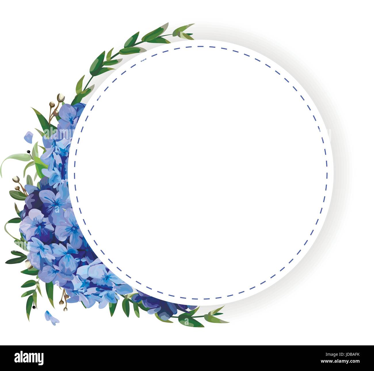 Rund um Kreis, Blume, Kranz Coronet Blaue Hortensie, Hortensia Blumen, grüne Eukalyptus Blätter schöne schöne Sommer-Blumenstrauß-Vektor-illustration Stock Vektor