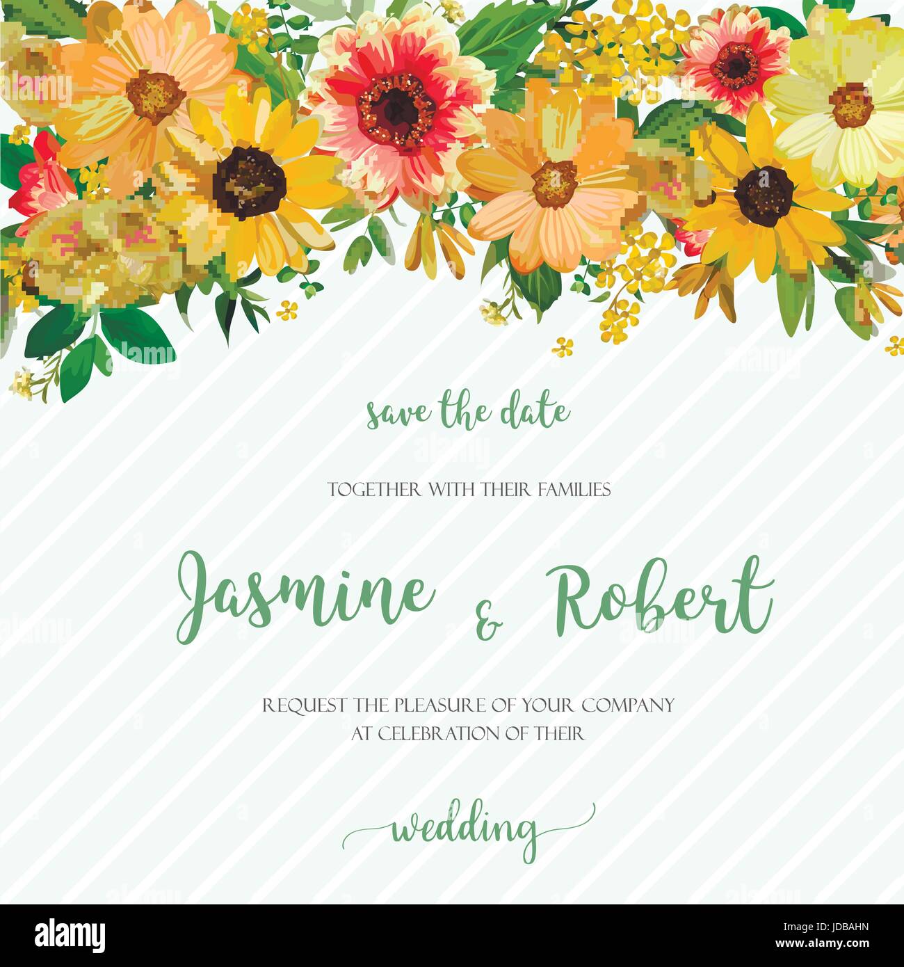 Blumen Kranz Blumen Kompositionsframes verschiedener gelb, Dahlia Sonnenblume, Kosmos, Eukalyptusblätter. Schöne Vektor Illustration Quadrat Aquarell Stock Vektor