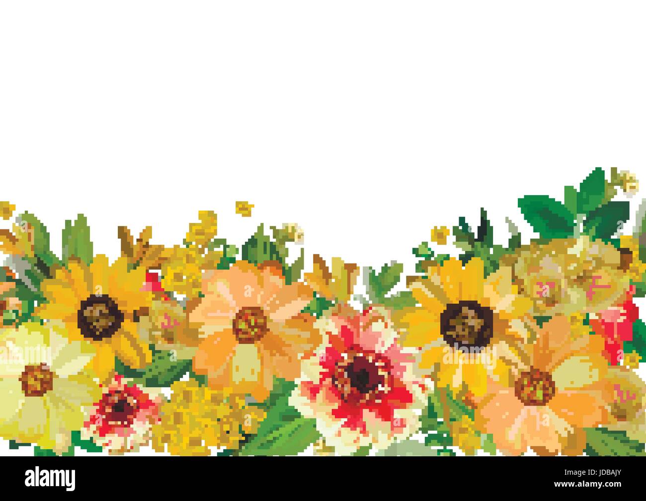 Garten gelb rot und orange verschiedene Kollektion von Daisy, Kosmos Blume, Sonnenblume Blumen und grün isoliert weißen Hintergrund. Aquarell elegant Stock Vektor